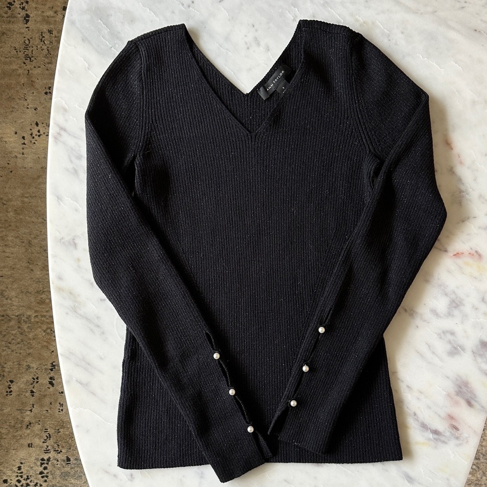 Ann Taylor Black V-Neck Sweater with Pearl Accents